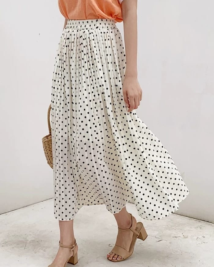 White Polka dots Pleated Skirt