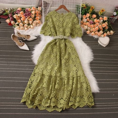 Heather laced dress green with belt