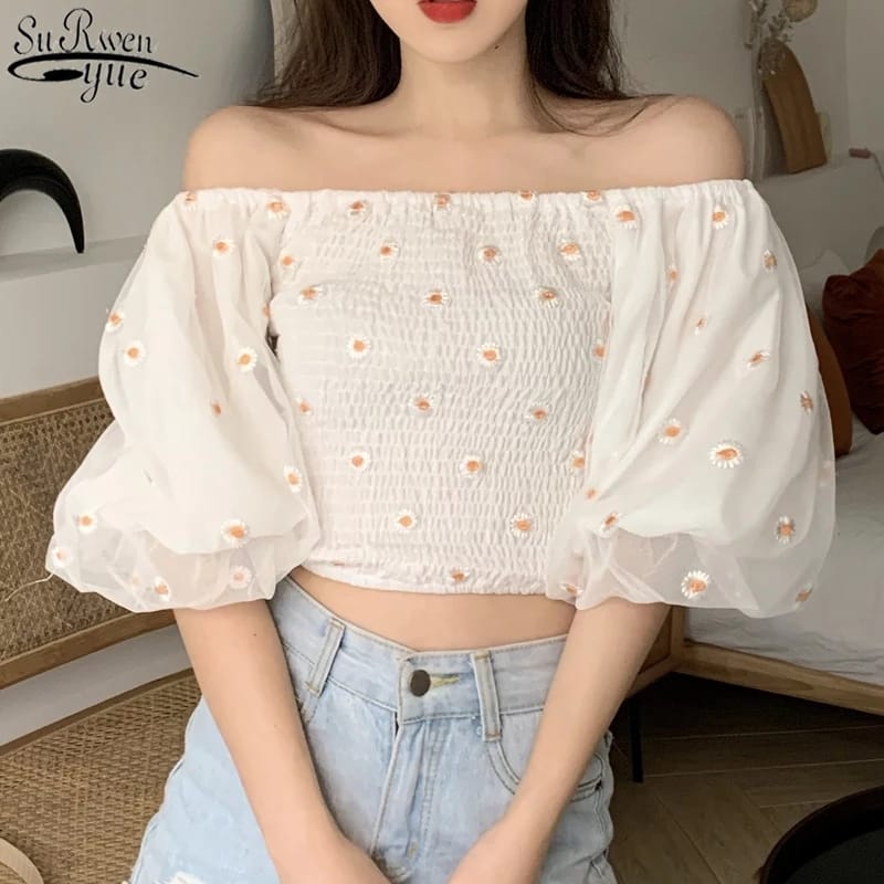 Embroidered Off Shoulder Top White