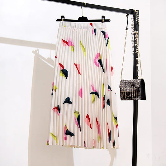 White Feather Printed Pleated Skirt